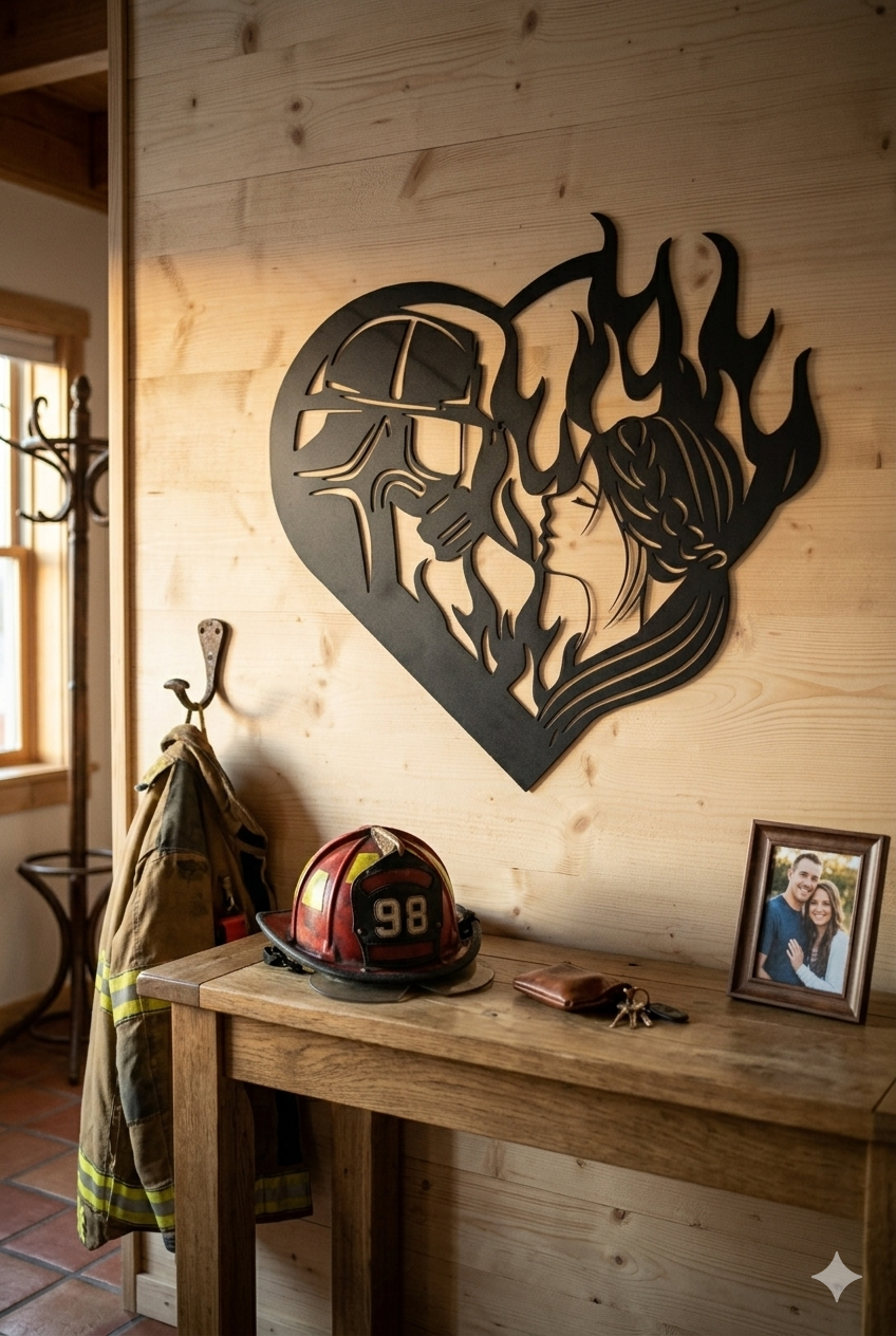 Décoration Murale Cœur Pompier & Flammes en Métal